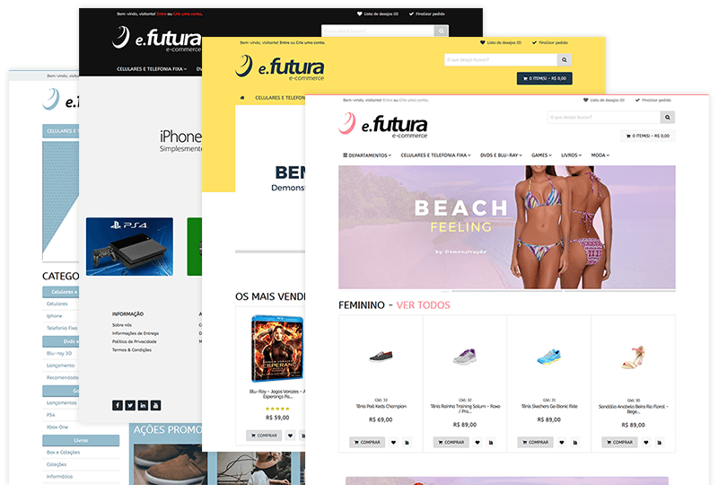 Demonstrações dos ecommerces da Futura Sistema